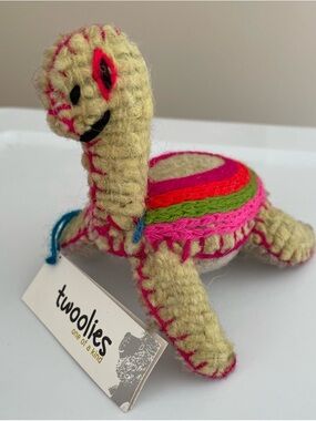 Twoolies Handcrafted Turtle Plush in Natural with Pink and Green Accents Wool